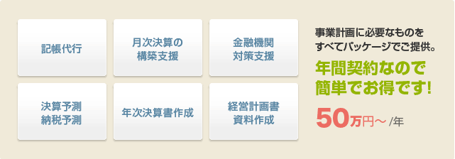 年間契約なので簡単でお得です！事業計画に必要なものをすべてパッケージでご提供。